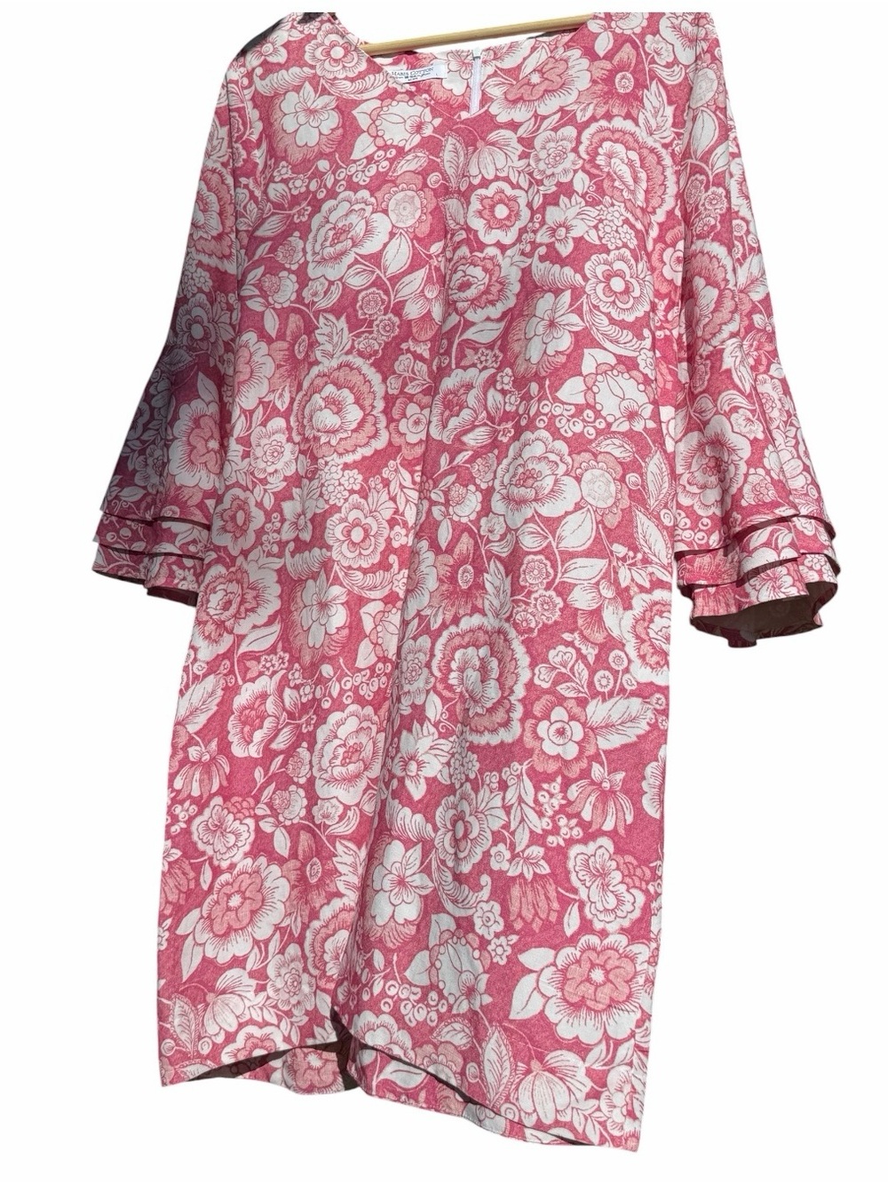 Haris Cotton Pink Floral Block Print Linen
Lagenlook Shift Dress Ruffle Sleeve L